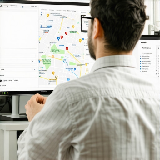 SEO expert reviewing Google Maps dashboard for local rankings.