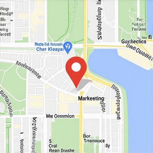 A detailed digital map with business icons, geofencing zones, and augmented reality overlays for hyper-local marketing.