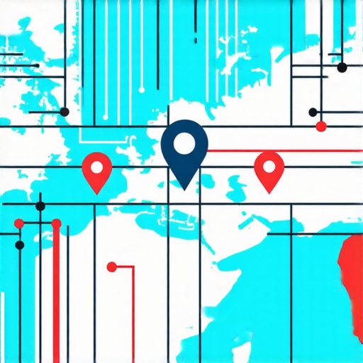 Illustration of a digital map with data layers and local business icons representing advanced SEO tactics.