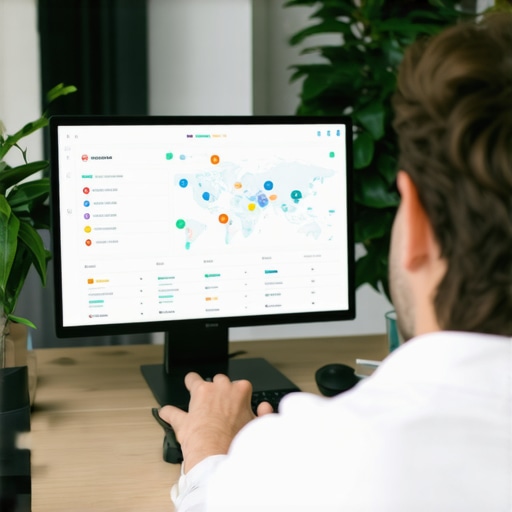 Business owner reviewing local SEO and map pack data on a laptop in a modern office.