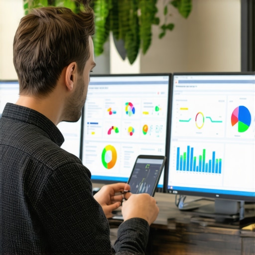 Business owner reviewing SEO metrics on a digital dashboard in an office environment