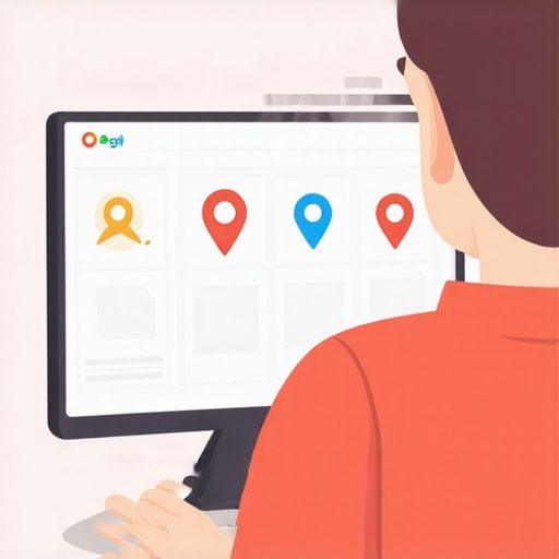 Business owner updating Google My Business profile on a laptop with local map icons.