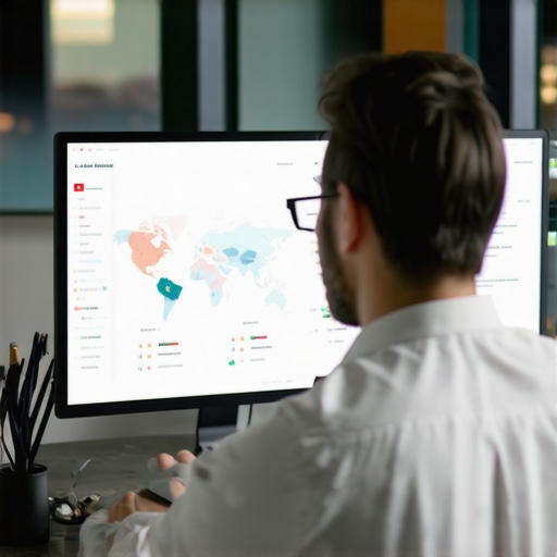 Digital marketer reviewing local SEO and map ranking data on a computer screen.