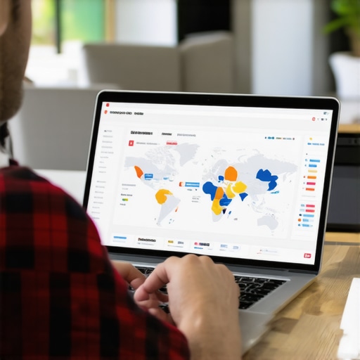 Digital marketer reviewing local SEO analytics on a laptop on a desk with charts and maps.