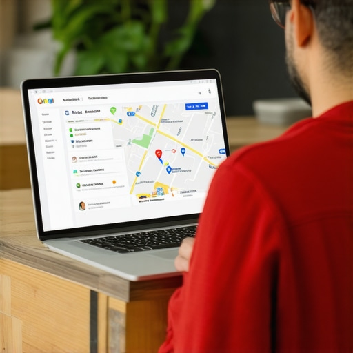 Business owner editing Google My Business profile on laptop with local map in background