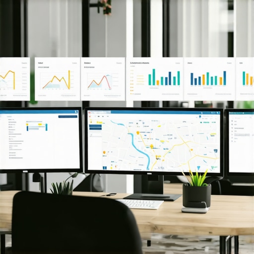 SEO Workspace with Local Map Tools A modern desk setup showing SEO and map optimization software on monitors.