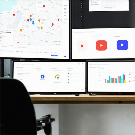 A digital workspace showing multiple screens with map analytics and video verification tools.