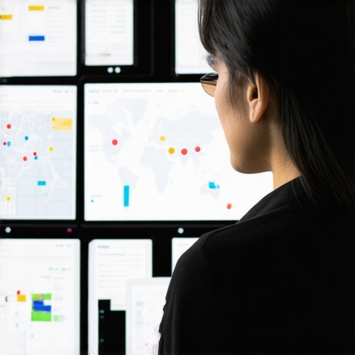 Map Performance Analysis for Optimal SEO Expert analyzing local map data on multiple monitors to maintain SEO rankings.