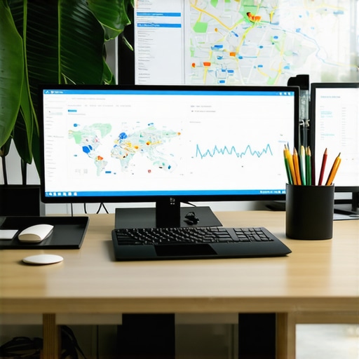 Workspace with maps, analytics dashboards, and SEO tools for local ranking maintenance.