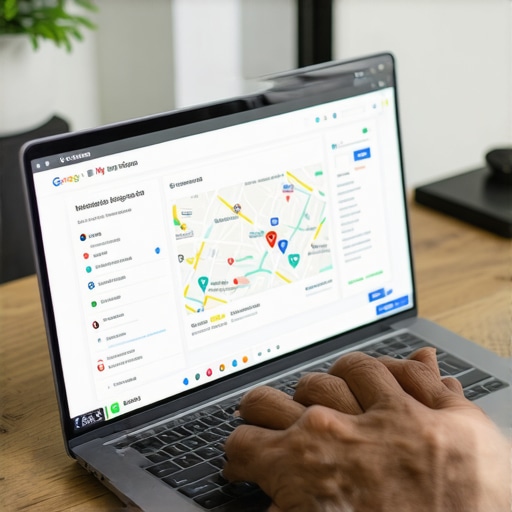 Business owner updating Google My Business profile with maps and analytics