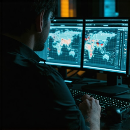 SEO Tools for Map Optimization Technician analyzing SEO data on multiple monitors for local map rankings.