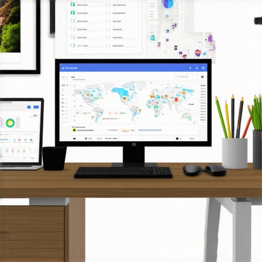 Desk with monitors showing charts and SEO analytics for local map optimization.