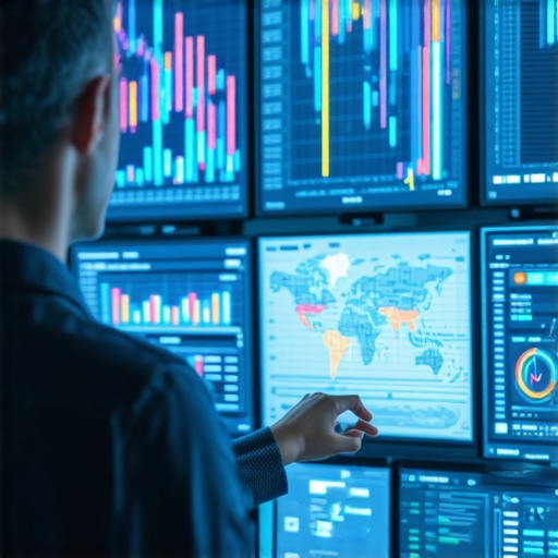 A technician studying digital gesture signals on a large monitor with maps and analytics.