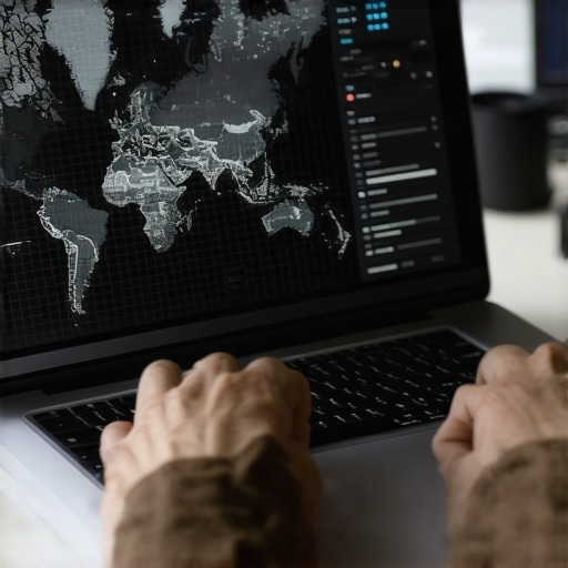 Person analyzing map performance data on a laptop screen with analytics dashboards