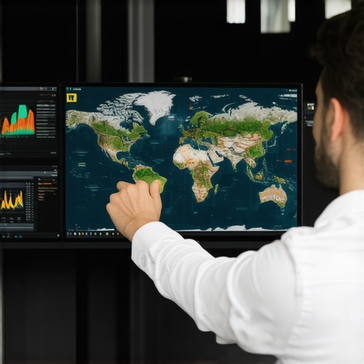 A person analyzing map performance metrics on a digital dashboard with real-time data feeds.