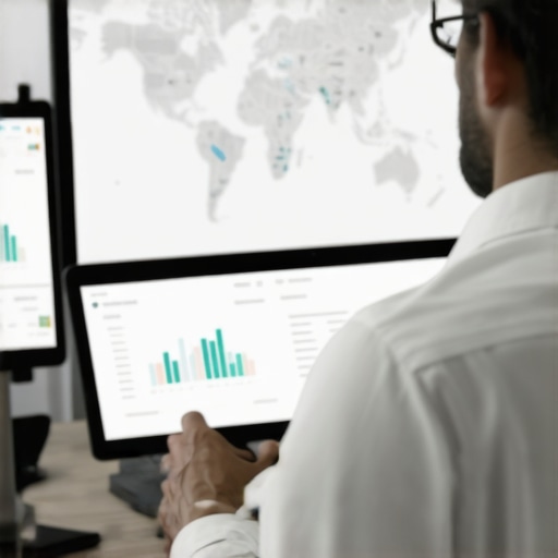 A digital marketer analyzing map data on multiple screens with graphs and analytics