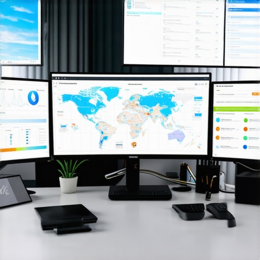 A professional workspace showing multiple monitors with map analytics and SEO data