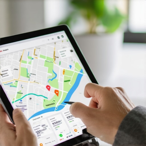 Expert analyzing local map data on a tablet to optimize listings.