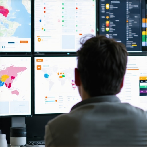 Person analyzing digital maps and analytics on multiple screens for ongoing map optimization.