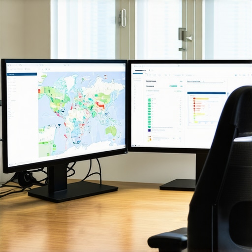 A professional workspace featuring dual monitors displaying GIS analysis dashboards, emphasizing tools for map performance