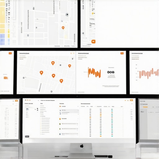 A workspace with monitors showing live map analytics and signal monitoring dashboards.