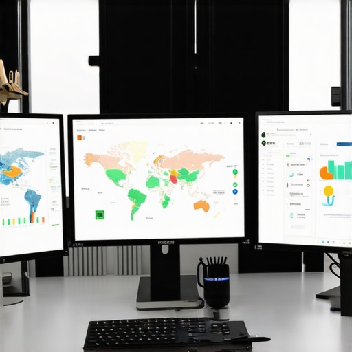 Screenshot of SEO analytics dashboards and heatmaps on multiple computer monitors.