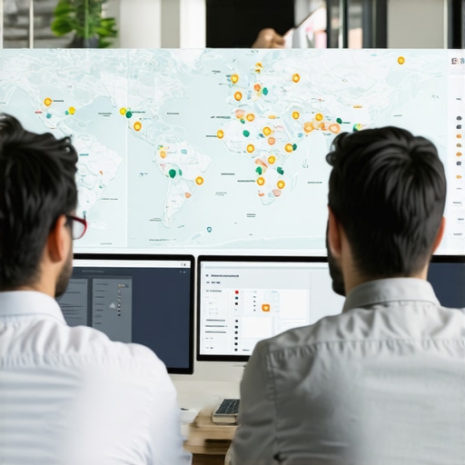 A team of professionals reviewing map data on multiple screens to detect suspicious pins.