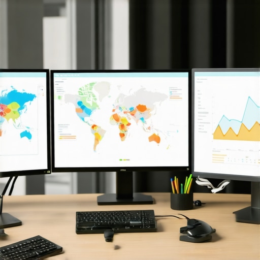 A workspace setup with screens showing map data, SEO analysis, and traffic heatmaps.