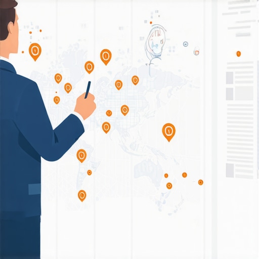 Businessman reviewing a map with overlapping service areas highlighted in different colors.