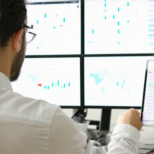 Mapping SEO Success with Advanced Tools Digital marketer using multiple screens to analyze local map and SEO data