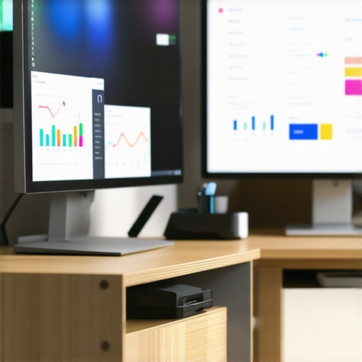 Workspace with SEO Tools for Local Maps A professional workspace with monitors displaying local SEO analytics and ranking tracking.